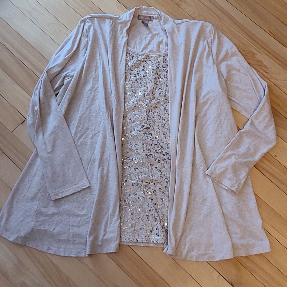 Tan and gold sequence 1 piece layered cardigan top